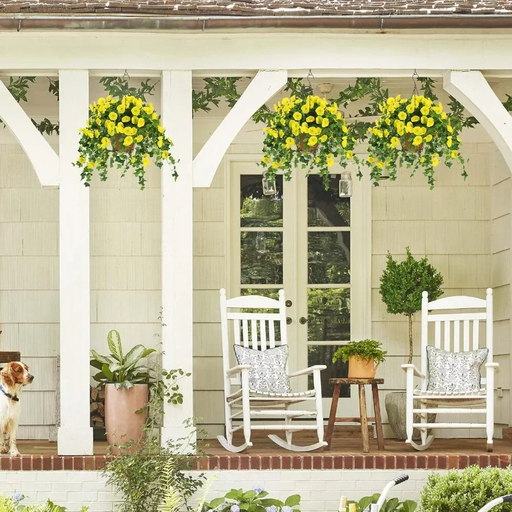 2-Pack Yellow Artificial Flowers Hanging Basket Plants Porch Patio Summer Decor